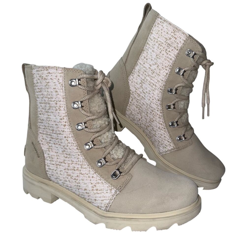 SOREL Lennox Cozy Moto Boots Sz 10.5 Shearling Lined Beige Suede Tweed Combat - Picture 1 of 9